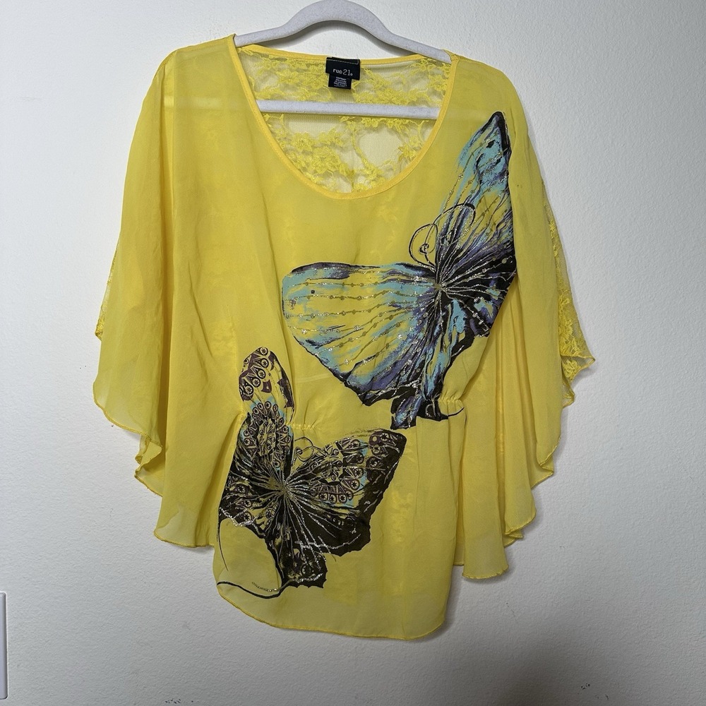 Y2K Womens Sheer Lace Cover Up Top Sz Large Butterfly Summer Grunge Art